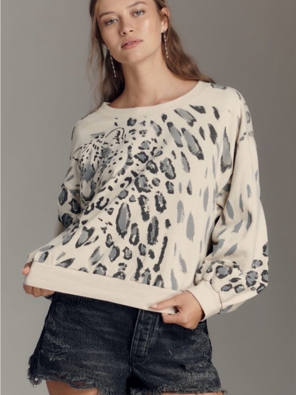 Anthropology The Nikki Bubble Sweatshirt By Pilcro. Snow Leopard Size XL